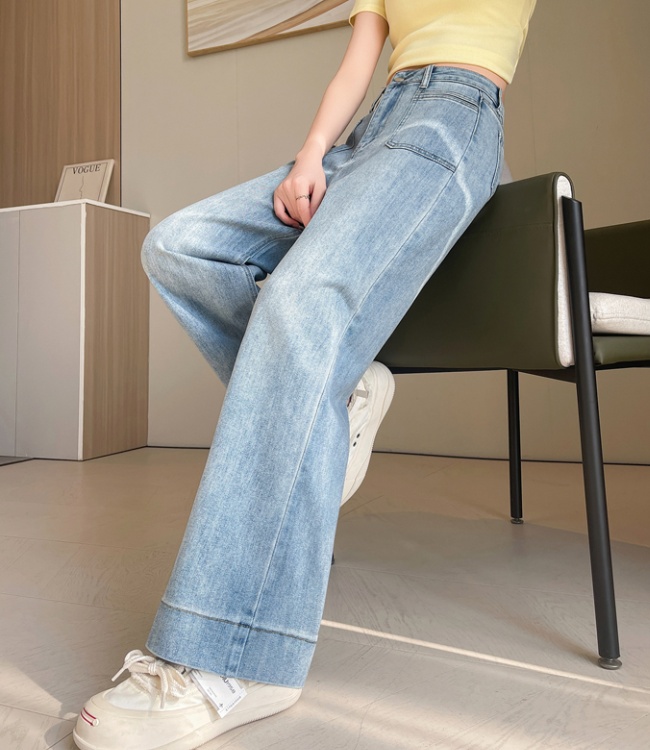 Light-blue stretch pants high waist jeans for women