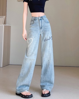 Straight loose jeans printing wide leg pants for women