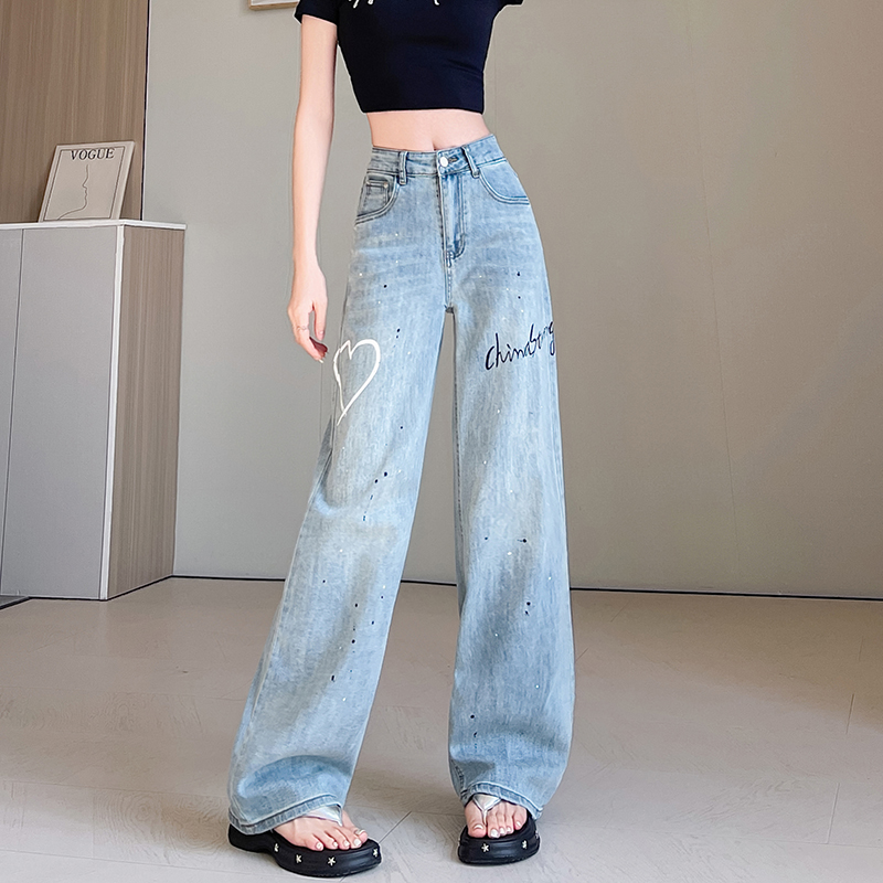 Straight loose jeans printing wide leg pants for women