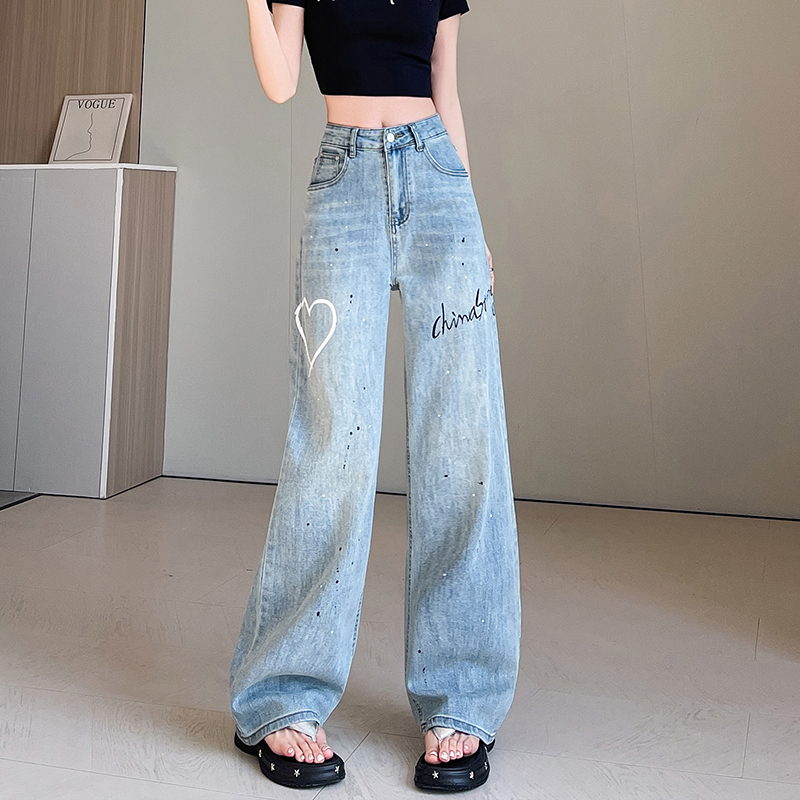 Straight loose jeans printing wide leg pants for women