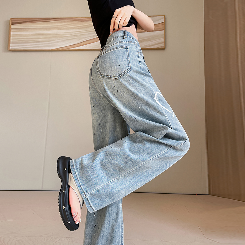 Straight loose jeans printing wide leg pants for women