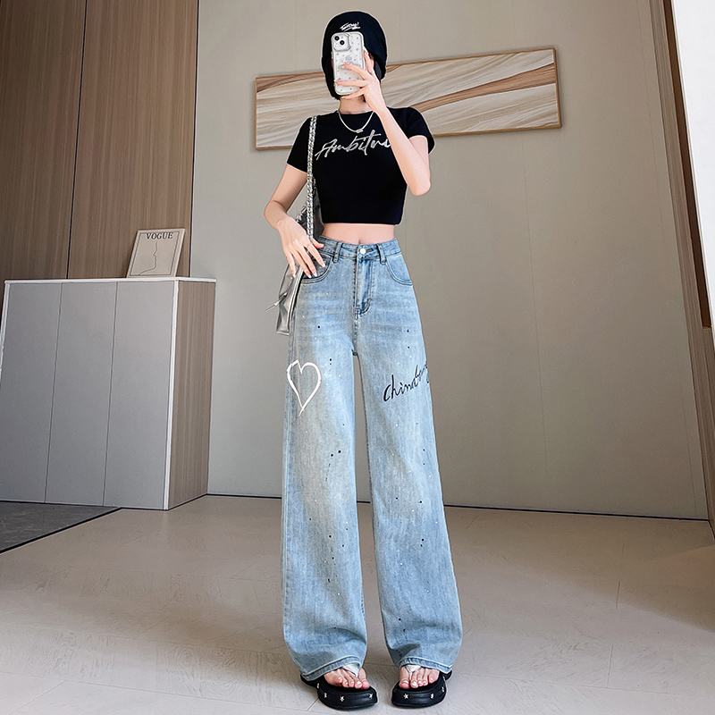 Straight loose jeans printing wide leg pants for women