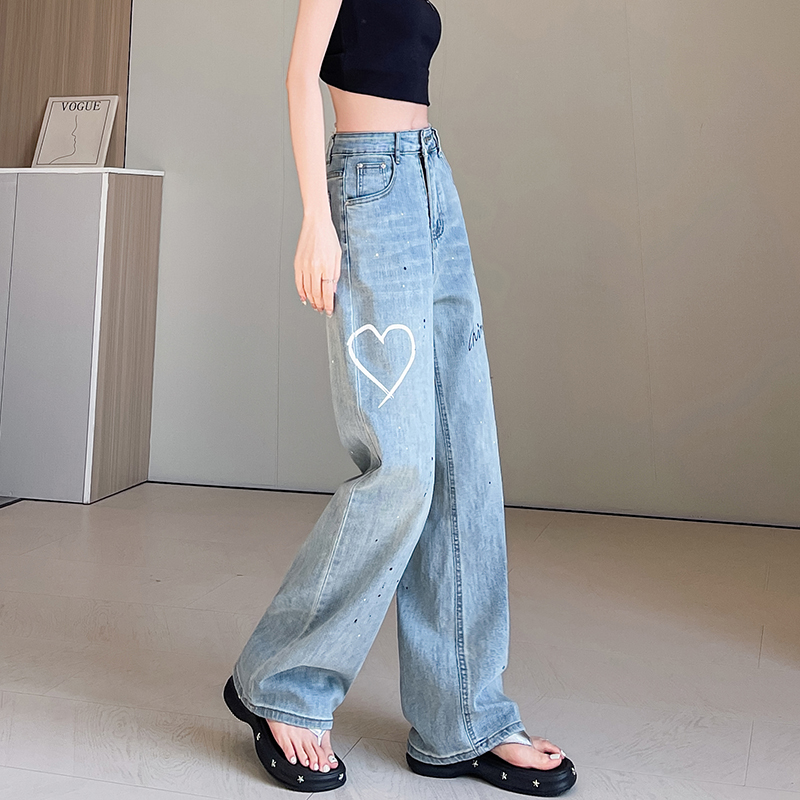 Straight loose jeans printing wide leg pants for women