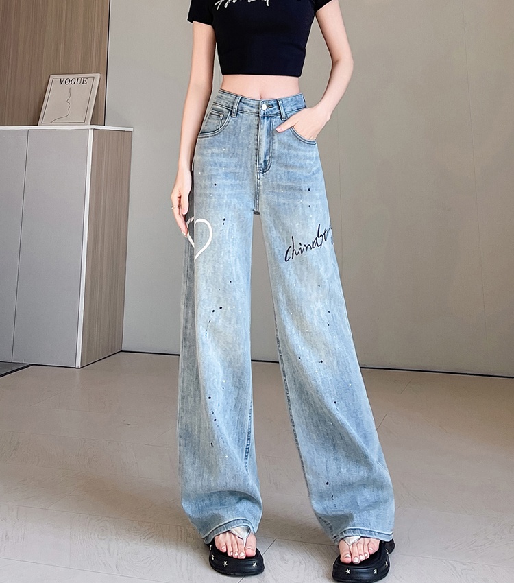 Straight loose jeans printing wide leg pants for women