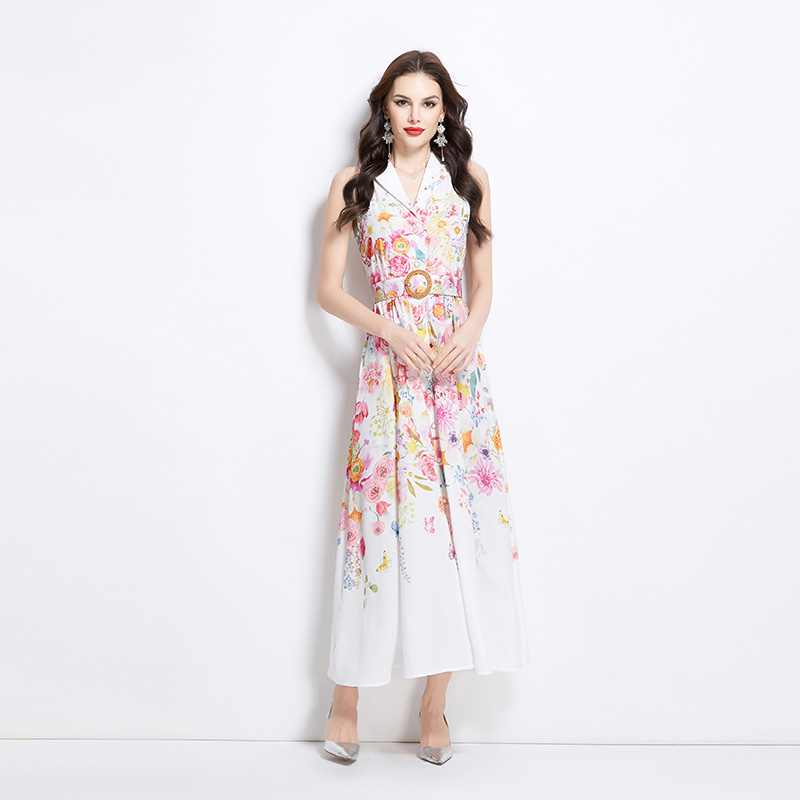 Halter vacation flowers painting sleeveless dress