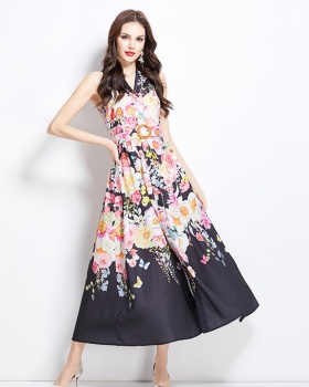 Flowers halter long sleeveless spring vacation painting dress