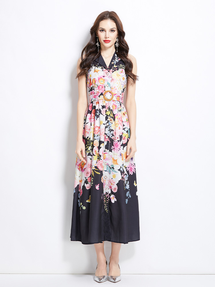 Flowers halter long sleeveless spring vacation painting dress