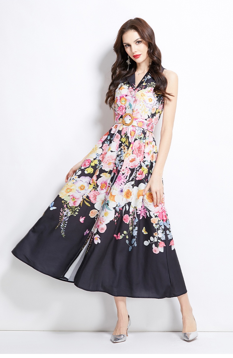 Flowers halter long sleeveless spring vacation painting dress