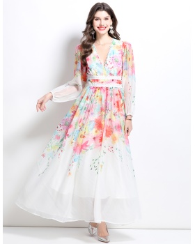 Long flowers painting spring and summer splice dress