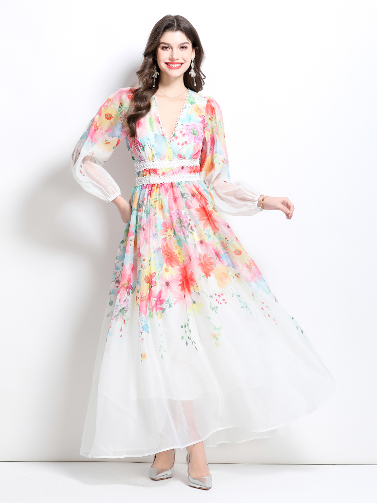 Long flowers painting spring and summer splice dress