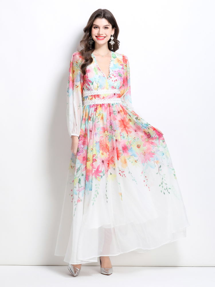 Long flowers painting spring and summer splice dress