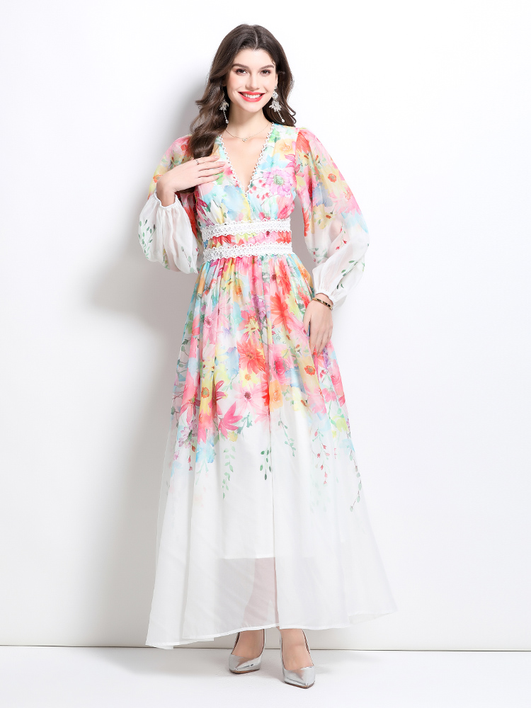 Long flowers painting spring and summer splice dress