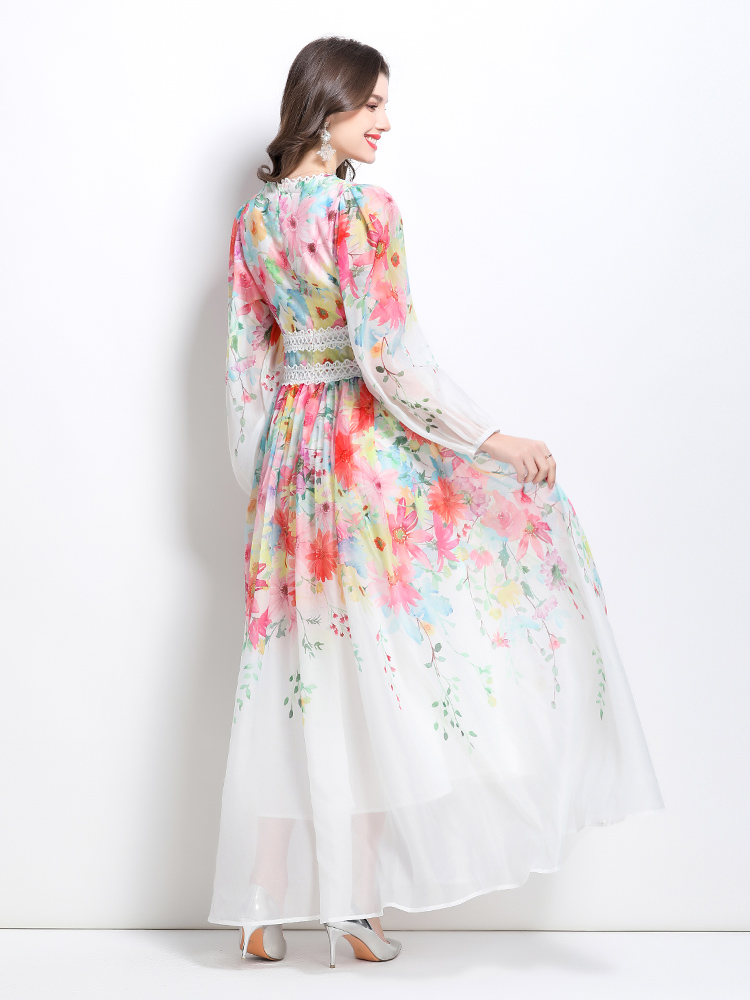 Long flowers painting spring and summer splice dress