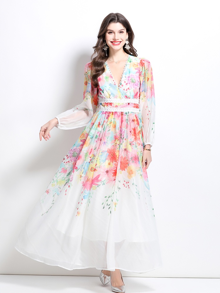 Long flowers painting spring and summer splice dress