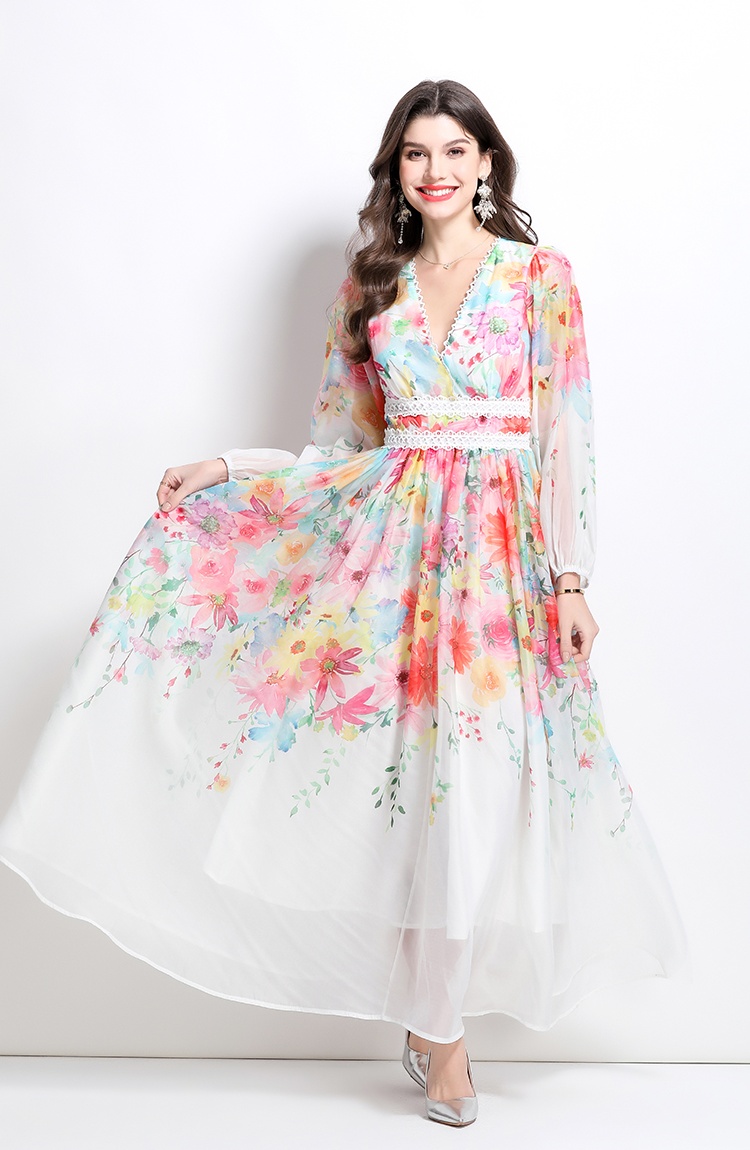 Long flowers painting spring and summer splice dress