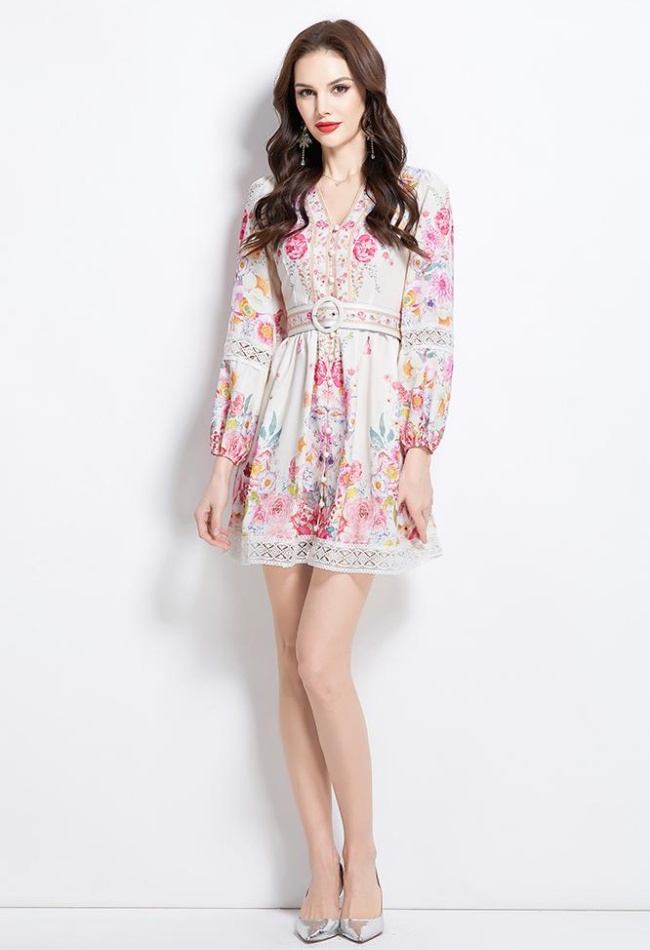 Short lace splice painted vacation painting dress