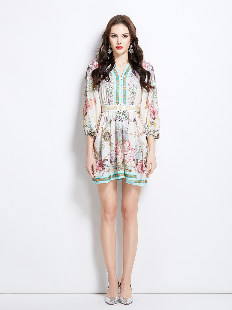 National style short temperament V-neck dress