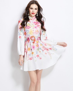 Cstand collar painting flowers spring and summer dress