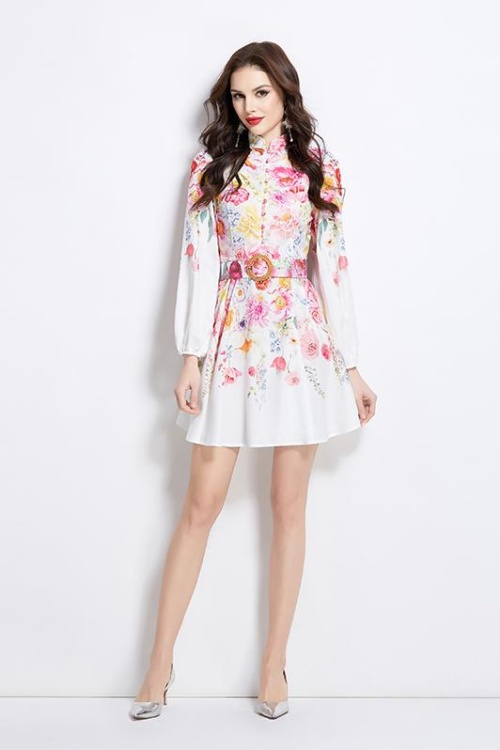 Cstand collar painting flowers spring and summer dress