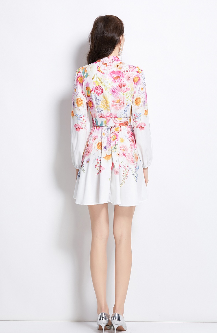 Cstand collar painting flowers spring and summer dress