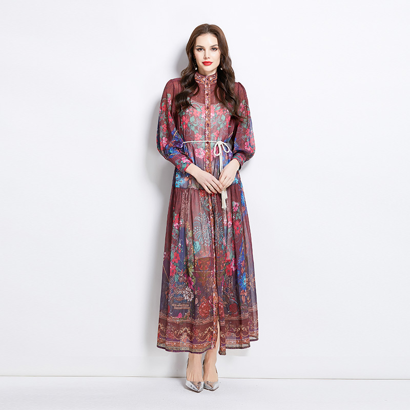 Cstand collar spring and summer printing retro dress