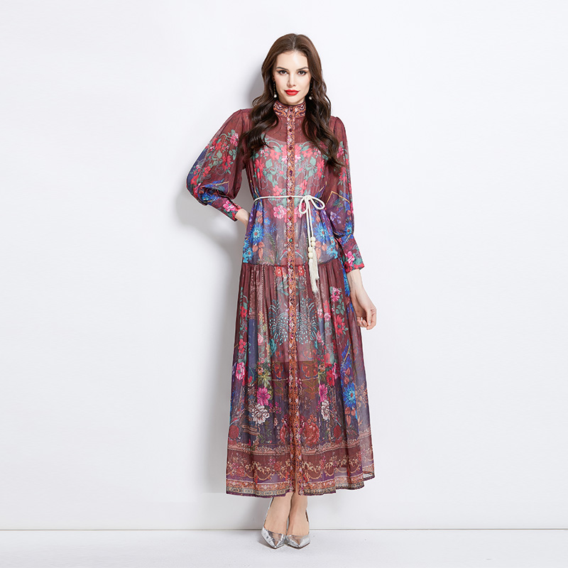 Cstand collar spring and summer printing retro dress