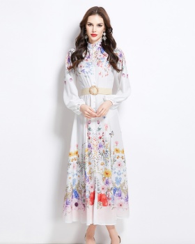 Long spring and summer cstand collar pattern dress