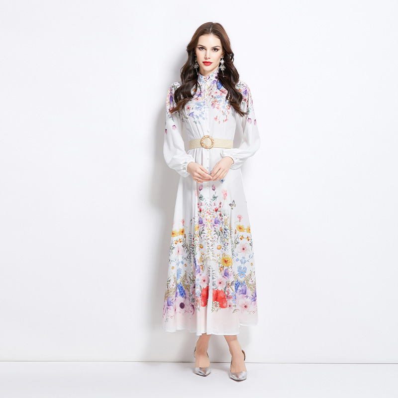 Long spring and summer cstand collar pattern dress