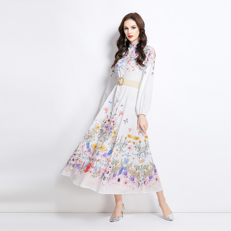 Long spring and summer cstand collar pattern dress