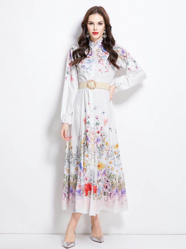 Long spring and summer cstand collar pattern dress