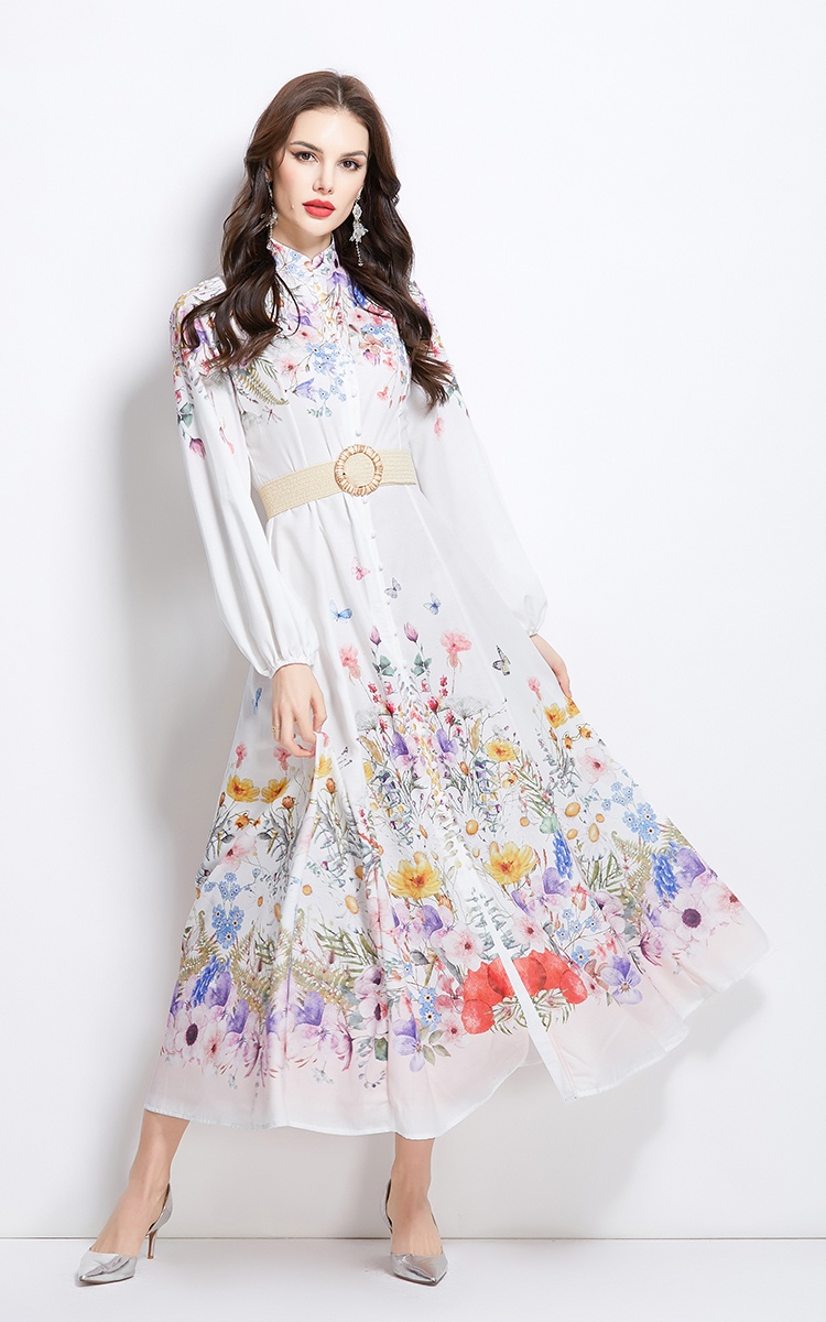 Long spring and summer cstand collar pattern dress