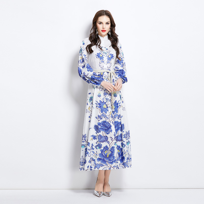 Spring and summer long cstand collar national style dress