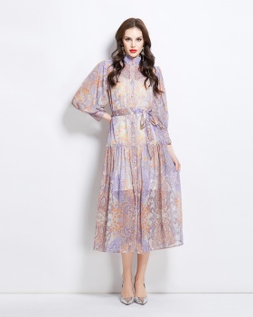 Spring and summer retro cstand collar printing national style dress