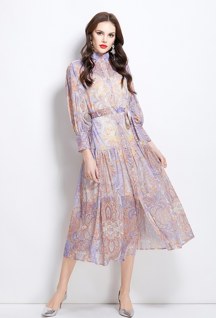 Spring and summer retro cstand collar printing national style dress