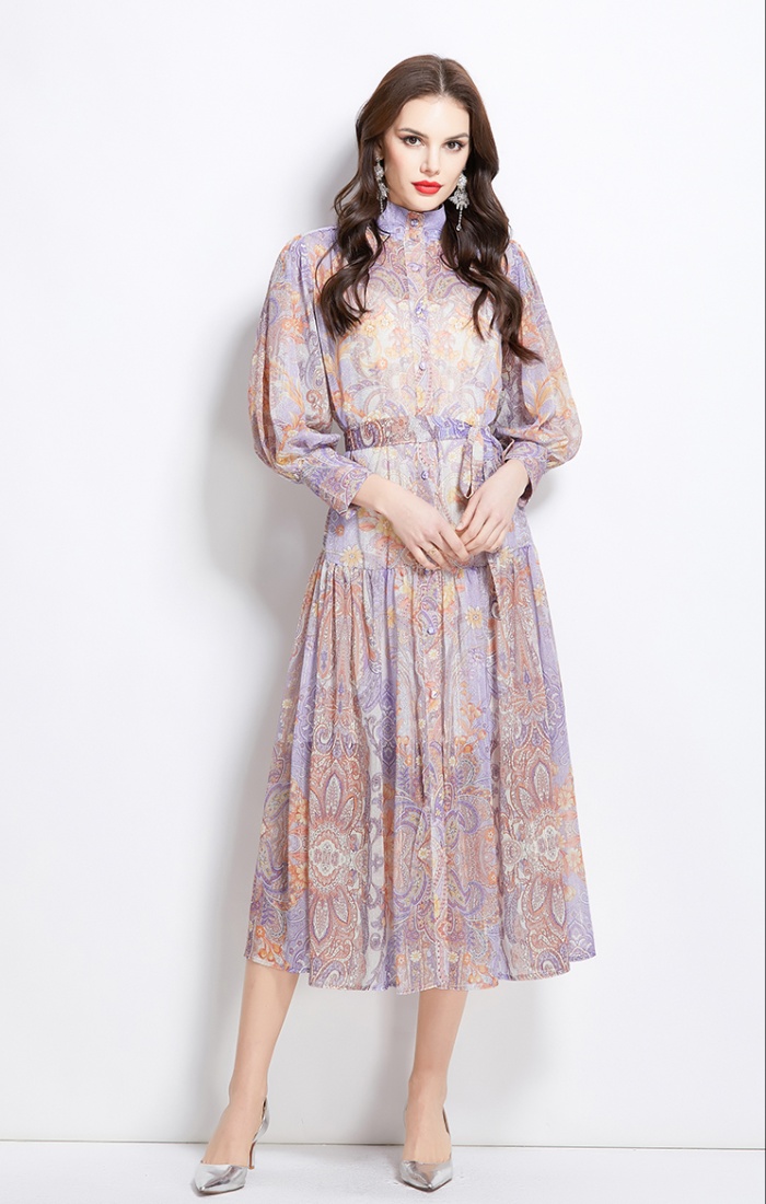 Spring and summer retro cstand collar printing national style dress