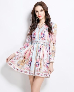 Slim retro long spring pinched waist dress