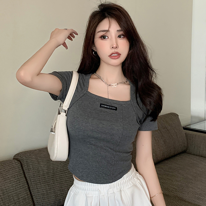 Clavicle square collar tops Korean style T-shirt for women