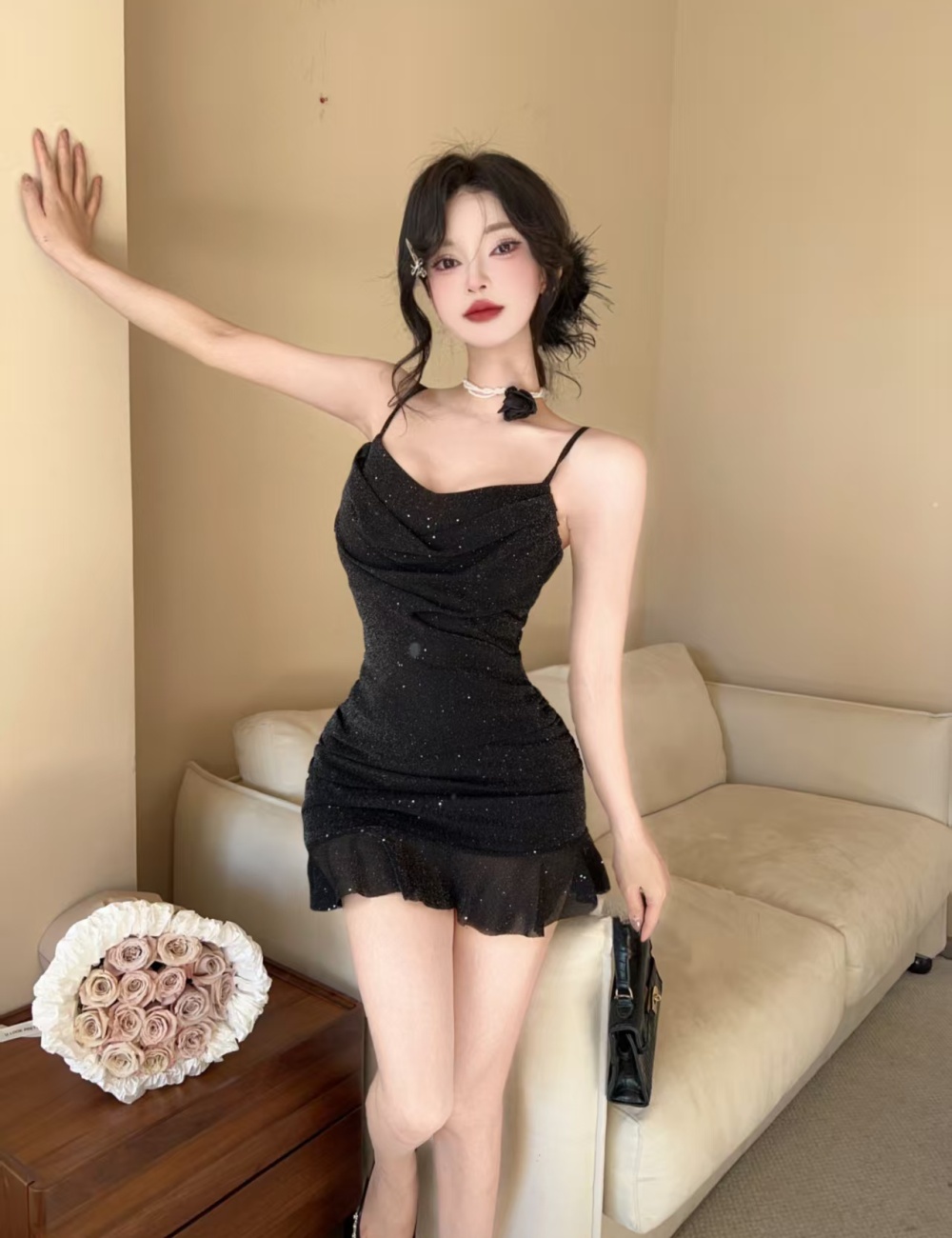 Lotus leaf edges low-cut sexy short gauze sling dress