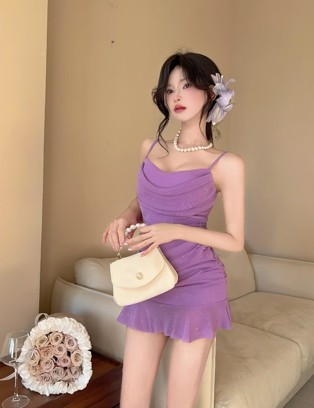 Lotus leaf edges low-cut sexy short gauze sling dress