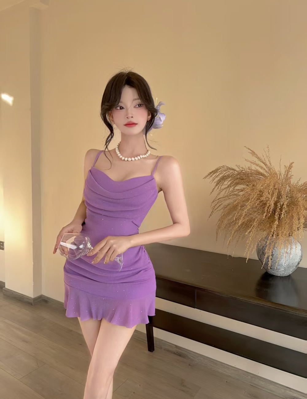 Lotus leaf edges low-cut sexy short gauze sling dress