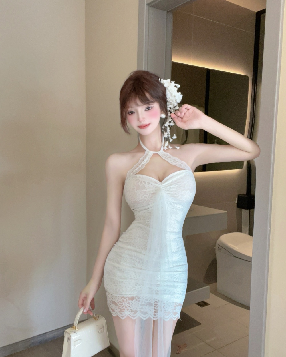 Lace splice slim bottoming strapless halter strap dress