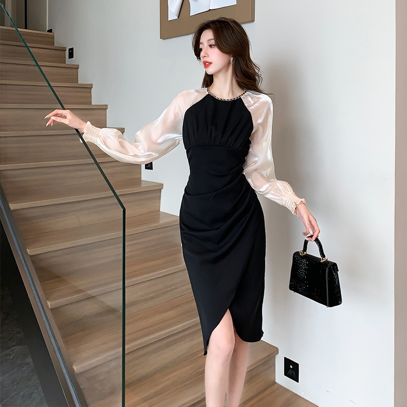 Unique spring black long sleeve dress for women