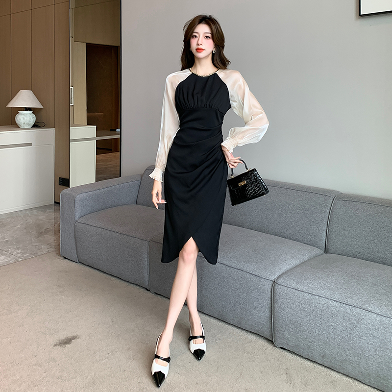 Unique spring black long sleeve dress for women