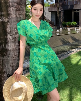 Lotus leaf edges short sleeve dress embroidery T-back