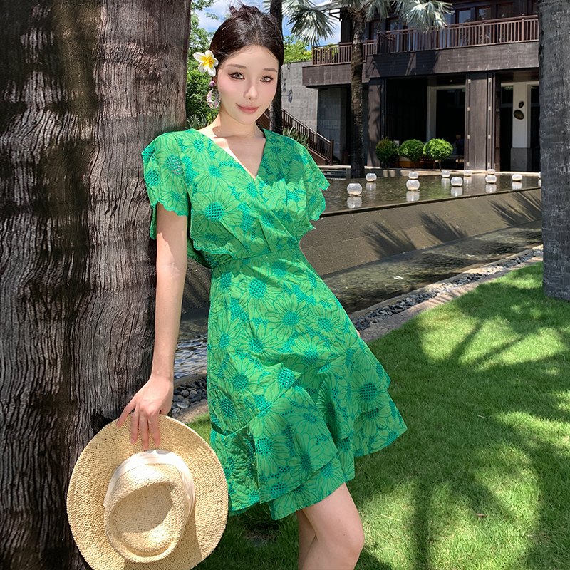 Lotus leaf edges short sleeve dress embroidery T-back