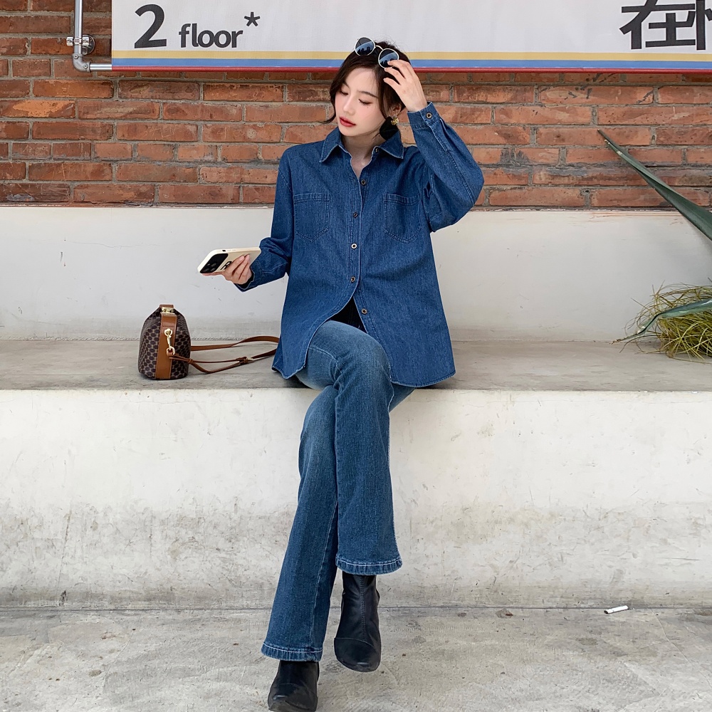 Korean style denim long sleeve coat autumn large yard tops