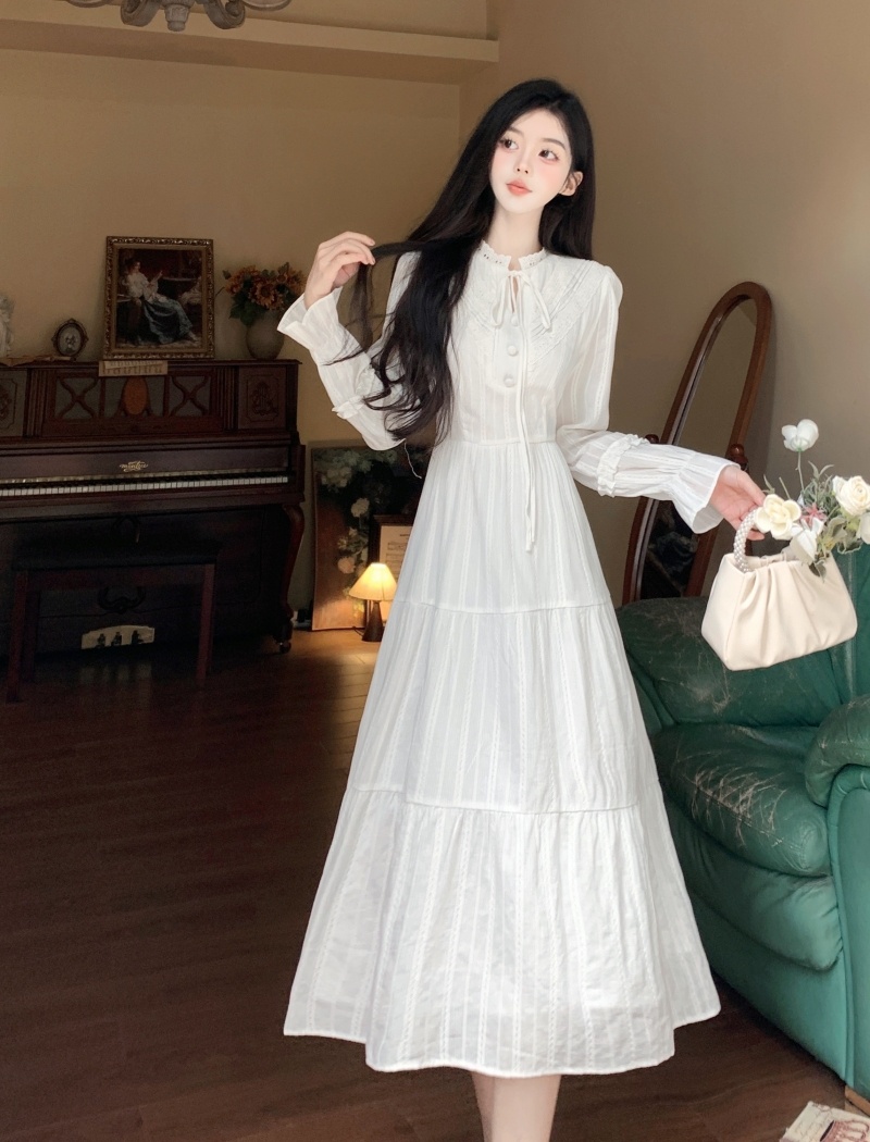 Refreshing long sleeve jacquard temperament white dress