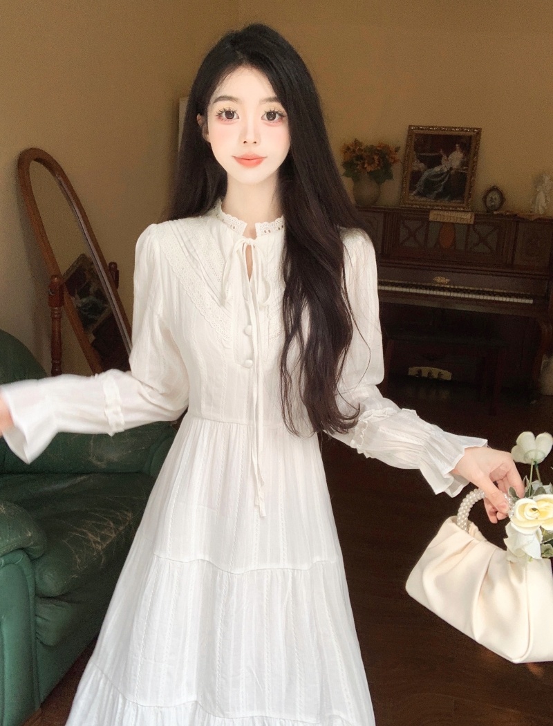 Refreshing long sleeve jacquard temperament white dress