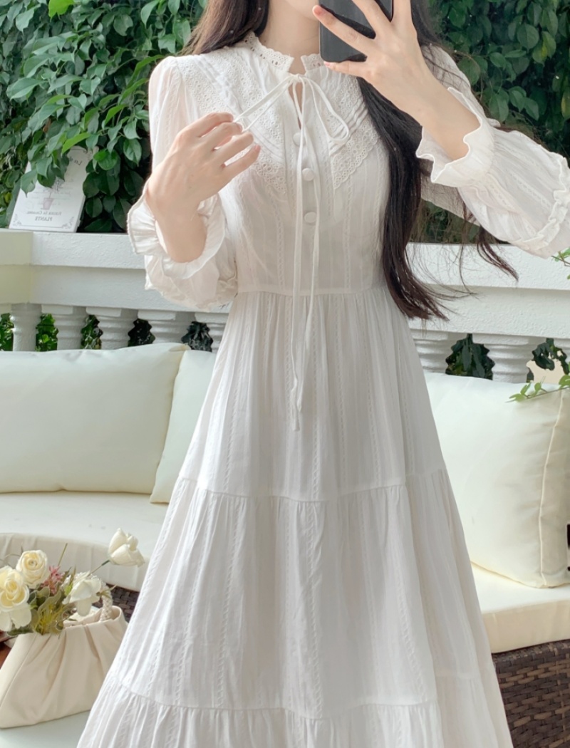 Refreshing long sleeve jacquard temperament white dress