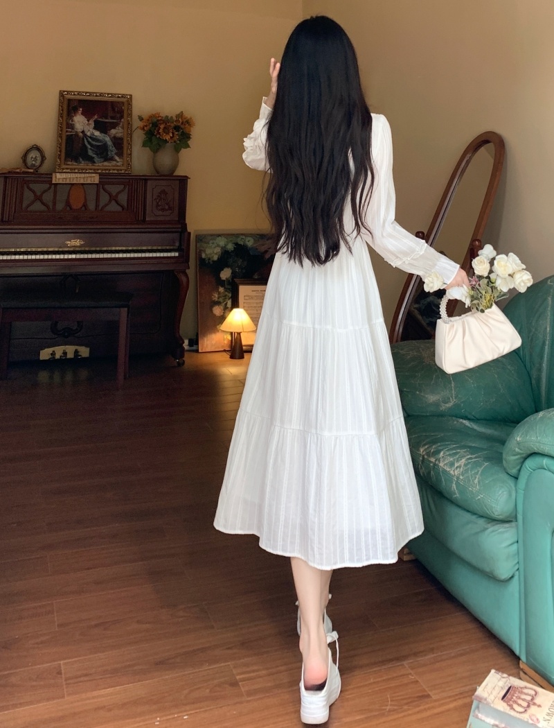 Refreshing long sleeve jacquard temperament white dress